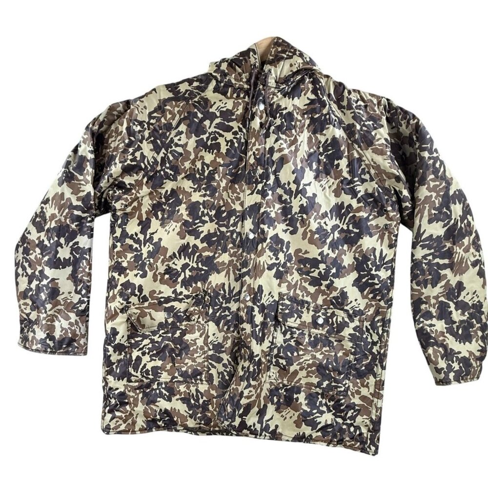 Vintage Rainfair Jacket Mens Medium Brown Camo Hooded Vinyl Hunting Raincoat